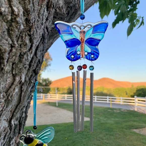 Retro Glass Blue Butterfly Wind Chime Sun Cat… - Picture 10 of 11